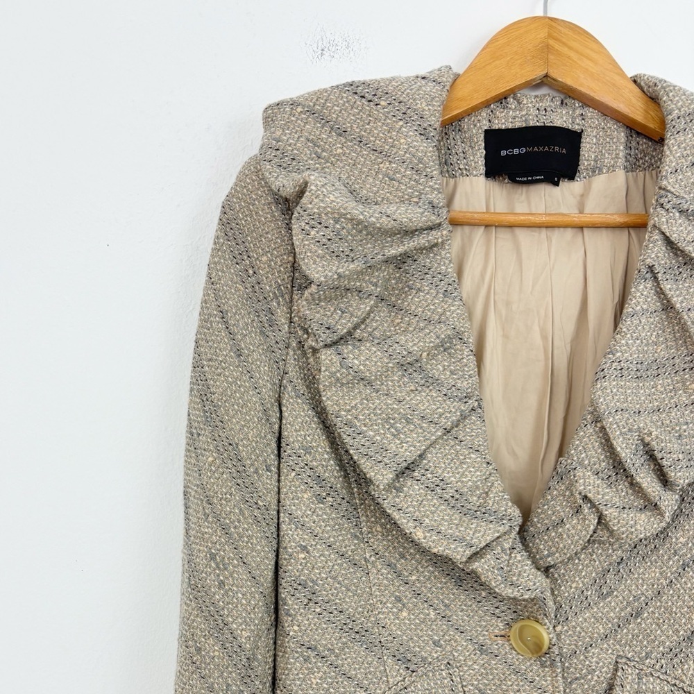 BCBGMaxazria Tan Tweed Wool Ruffle Lapel Neck Blazer Jacket Size Small - Picture 5 of 16